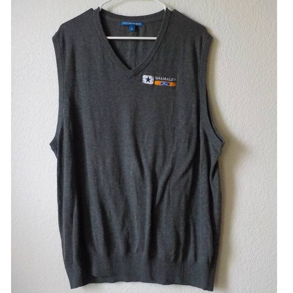 Port Authority Men Size XL Soft Light Gray Knit Classic V-Neck Vest Ford Logo